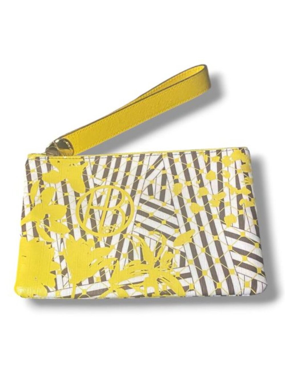 Henri Bendel Yellow/Brown Canvas W/yellow Leather Zip Close Wristlet